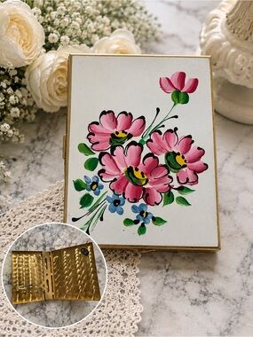 Vintage Hand Painted Floral Business Card Holder Gold Tone Enamel Desk Accessory